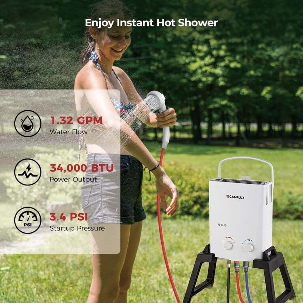 Camplux Outdoor Portable Water Heater w/ Stand & Storage Bag - White