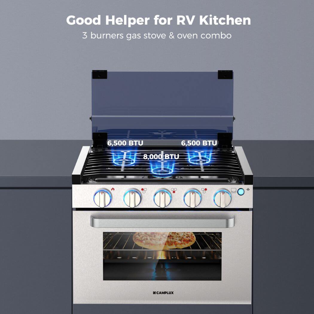 Camplux RV Stove Gas Range Oven w/ 3 Burners Cooktop 17 Inches